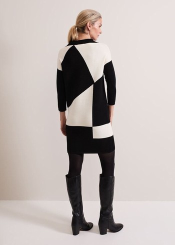 Phase Eight Hetty Ripple Colour Block Tunic Dress Black/White Australia | UA7856310